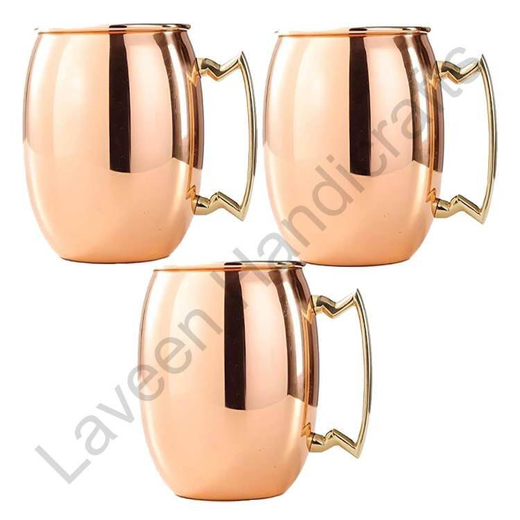 Plain Copper Beer Mug With Brass Handle - 3 Pcs