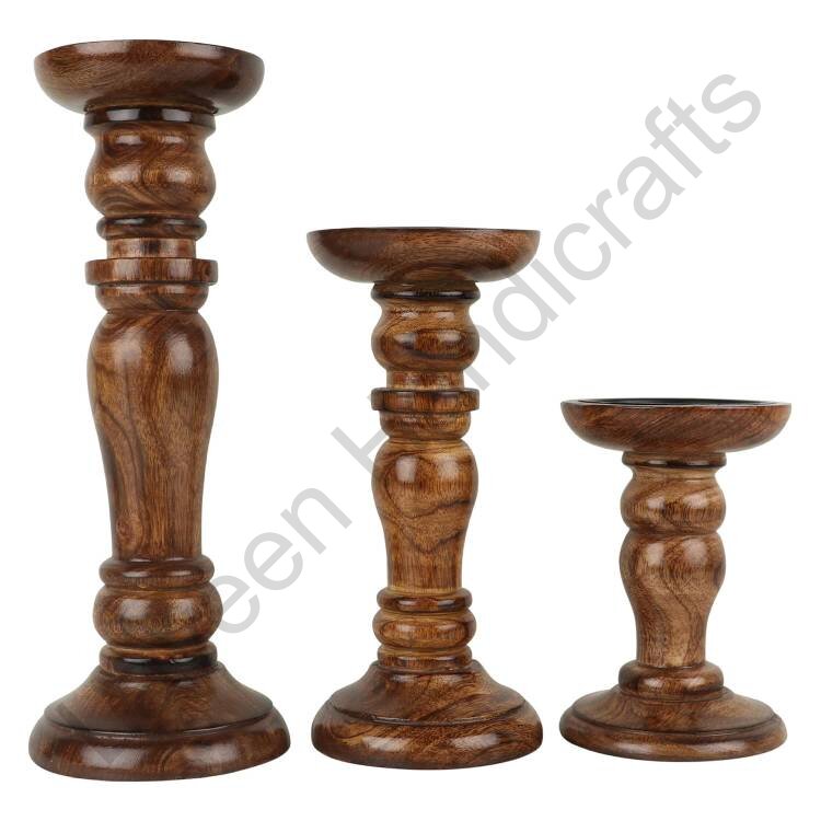 Wooden Pillar Wood Candle Stands Brown - 3 Pcs
