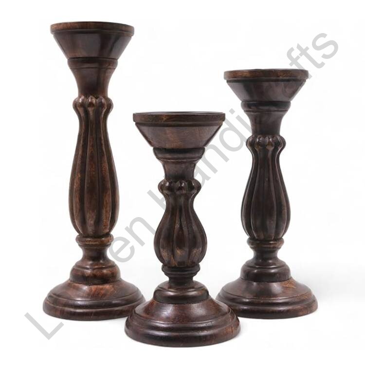 Wooden Pillar Wood Candle Stands Dark Brown - 3 Pcs