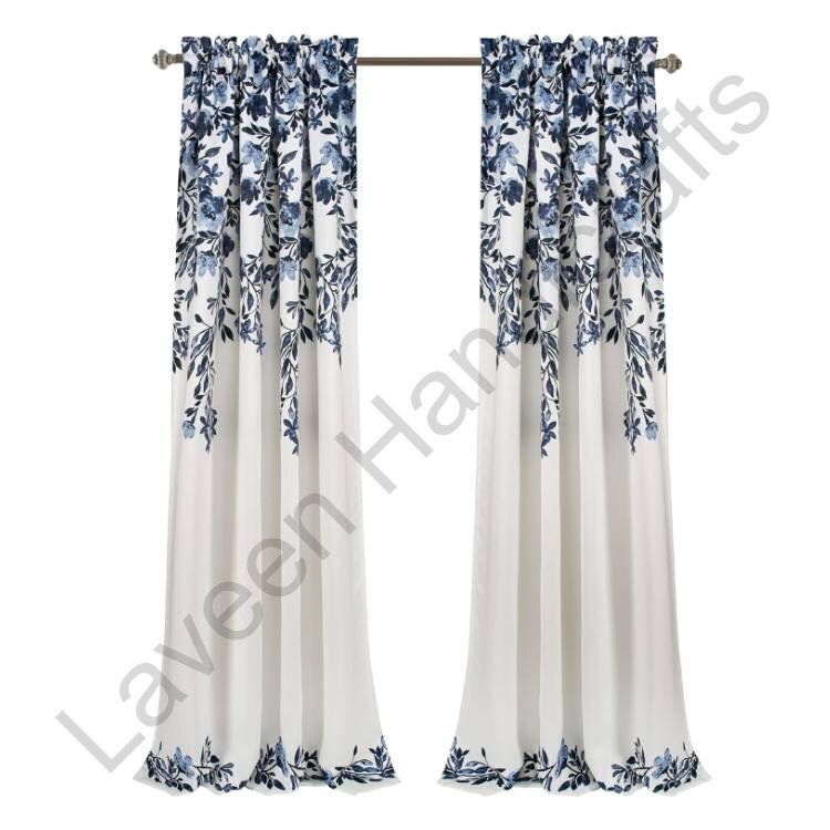 Floral Vine Print Curtains White / Blue