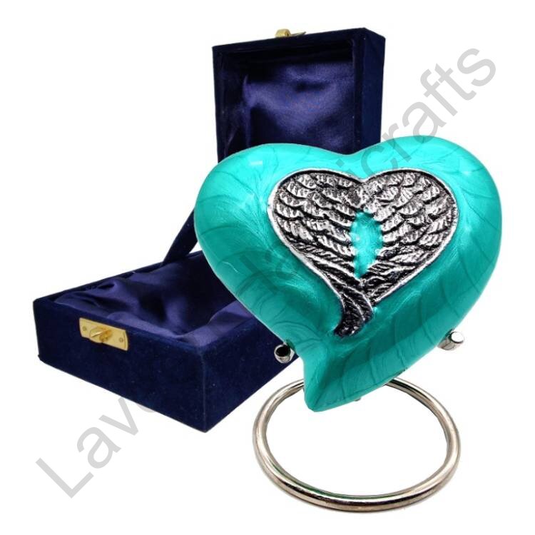 Angel Wings Heart Shaped Urn Teal / Silver