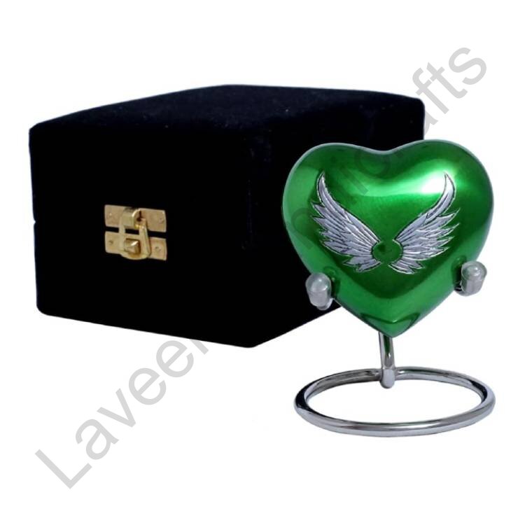 Feather Heart Shaped Urn Green / Silver