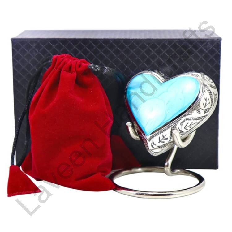 Leaf Design Heart Shaped Urn Light Blue / Silver
