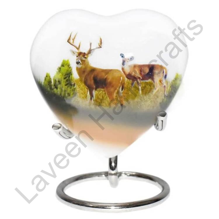 Deer Scene Heart Shaped Urn White / Brown