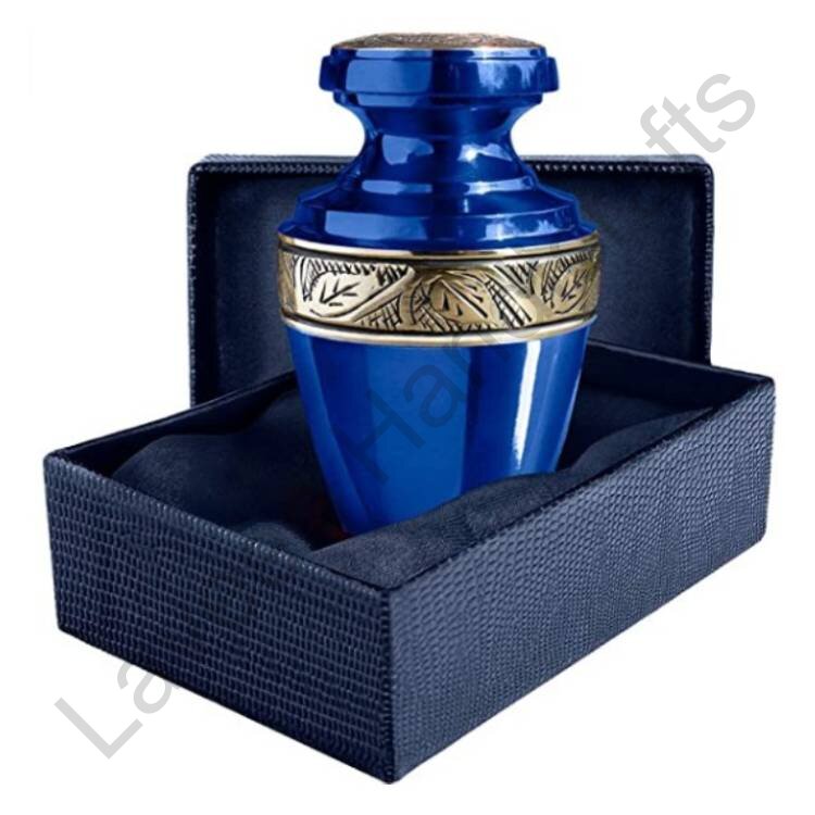 Leaf Engraved Keepsake Urn Blue / Golden