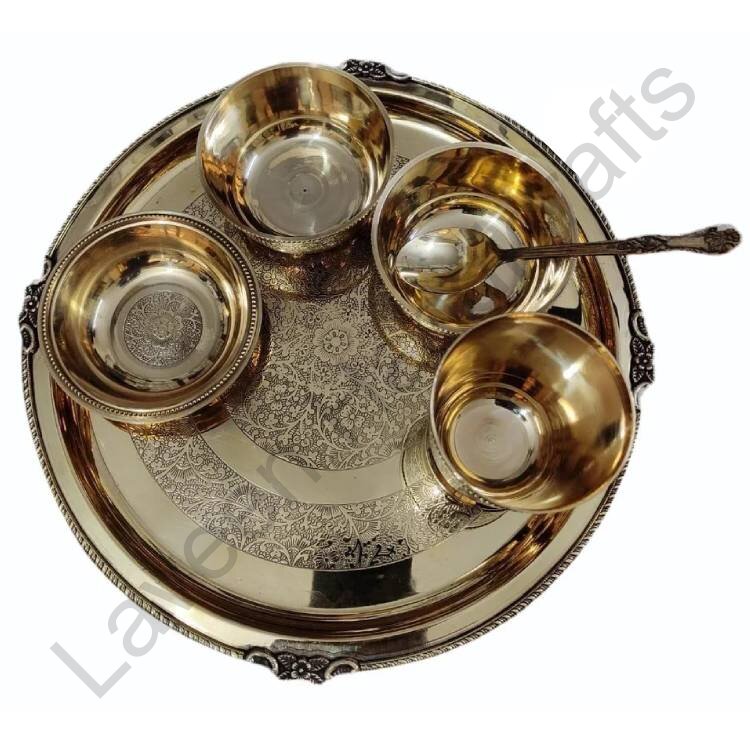 Round Printed Serving Thali Set Brass Golden