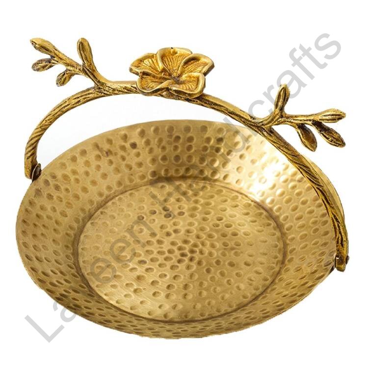 Floral Handle Hammered Tray Golden