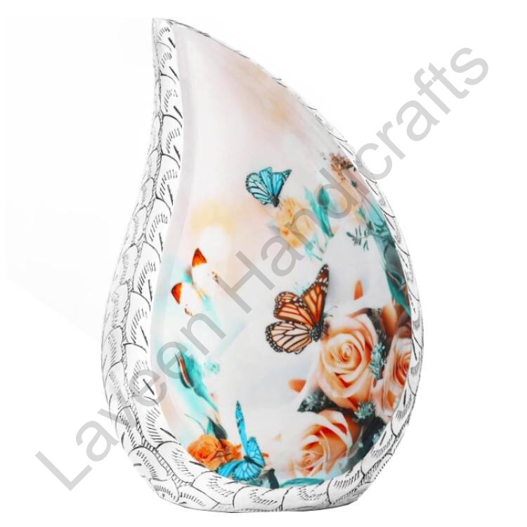 Butterfly Rose Blossom Tear Drop Urn Ivory