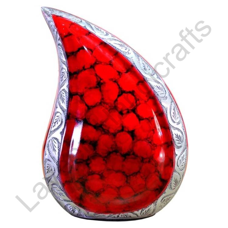 Rose Design Tear Drop Urn Red / Silver
