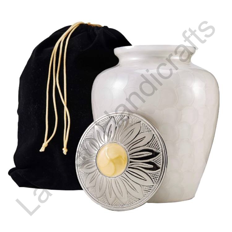 Silver Flower Cap Human Urn Ivory With Pouch