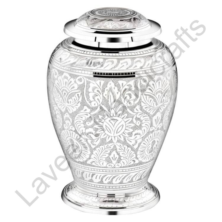 Ornate Engraved Floral Human Urn Silver