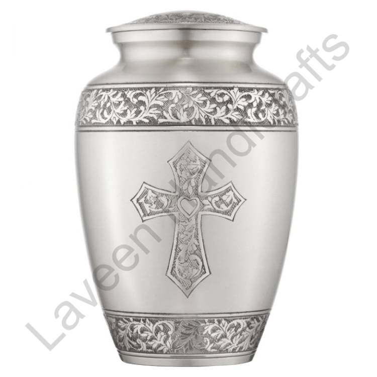 Floral Cross Heart Human Urn Silver