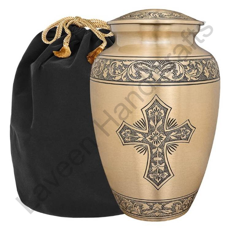 Cross Engraved Memorial Human Urn Golden