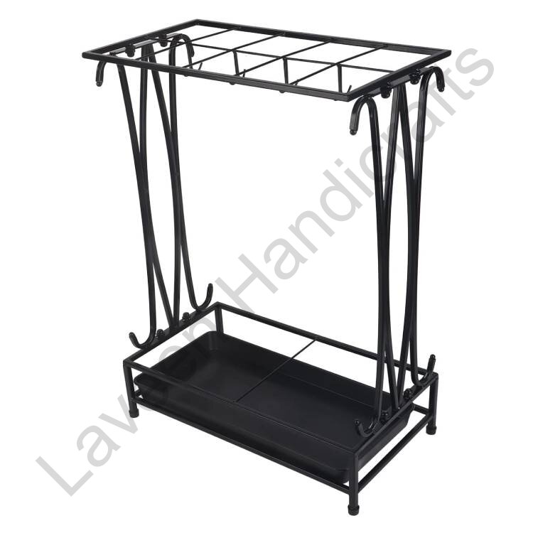 10 Holes 8 Hooks Iron Umbrella & Walking Stick Stand Black