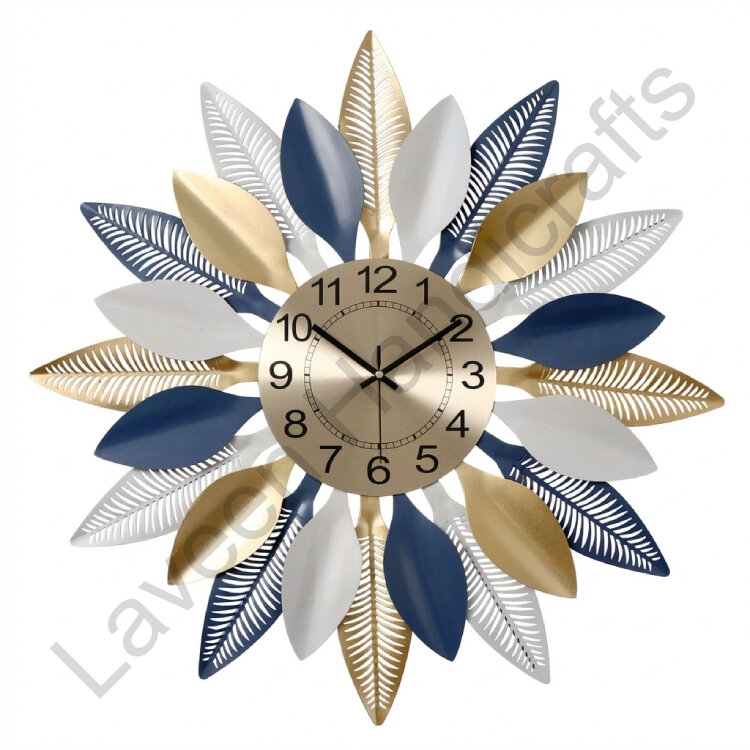 Leaf Pattern Wall Clock Golden / Blue