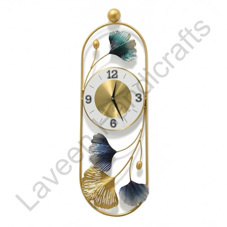 Leaf Design Wall Clock Golden / Blue